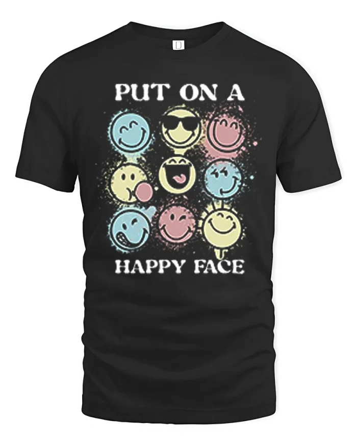 Put On A Happy Face Smiley Retro Graphic T Shirt Vibes - black t-shirt on white background