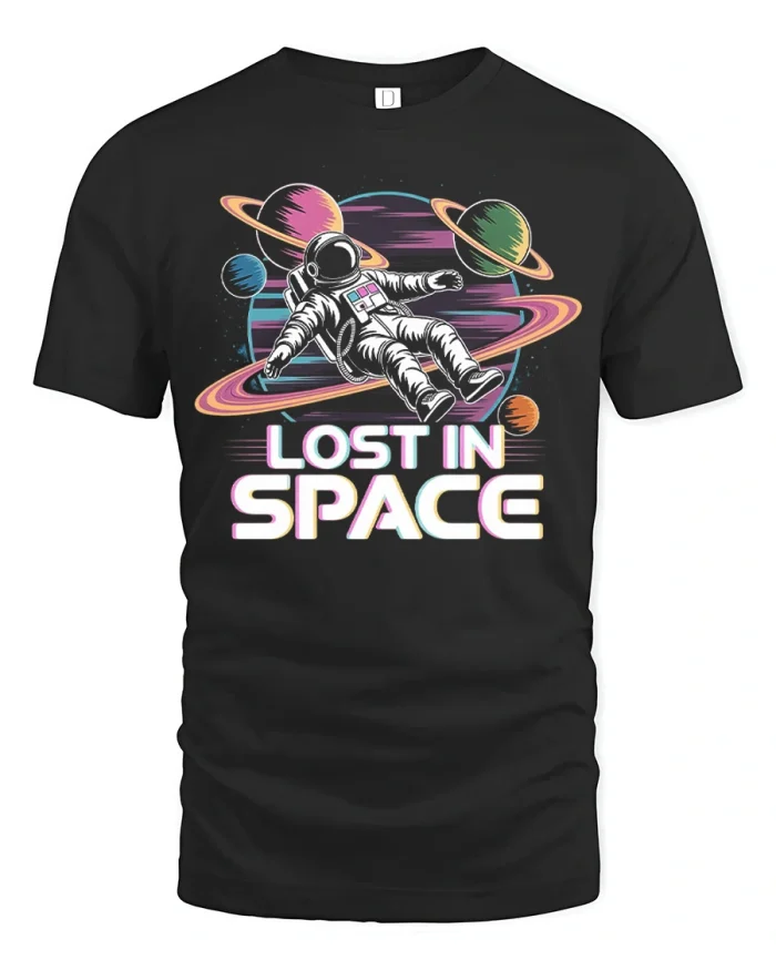 Lost In Space Astronaut Retro Galaxy Graphic T Shirt - black t-shirt on white background