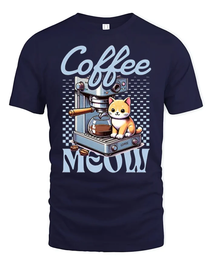 Coffee Meow Cute Cat Lover Graphic T Shirt Soft Casual Tee - navy t-shirt on white background