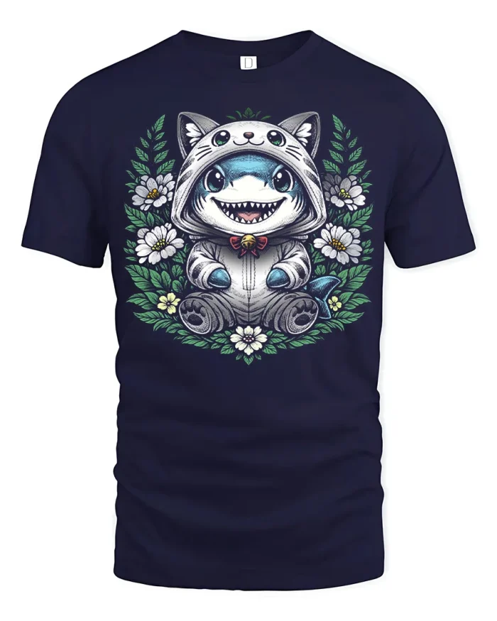 Cute Shark Cat Hoodie Graphic T Shirt Soft Casual Kawaii Tee - navy t-shirt on white background