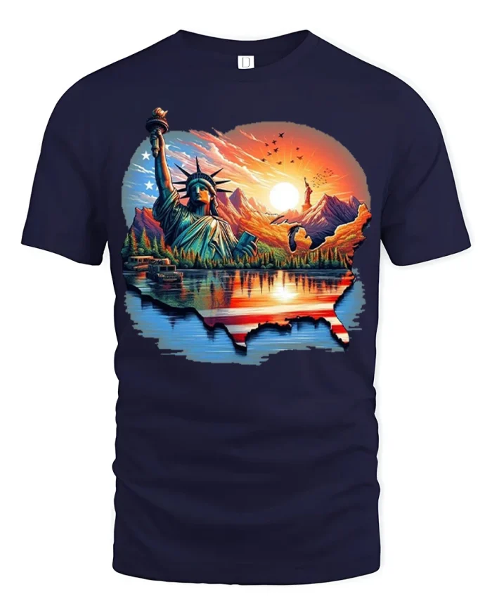 American Landscape Statue Liberty Sunset Graphic Tshirt Vintage Style - navy t-shirt on white background