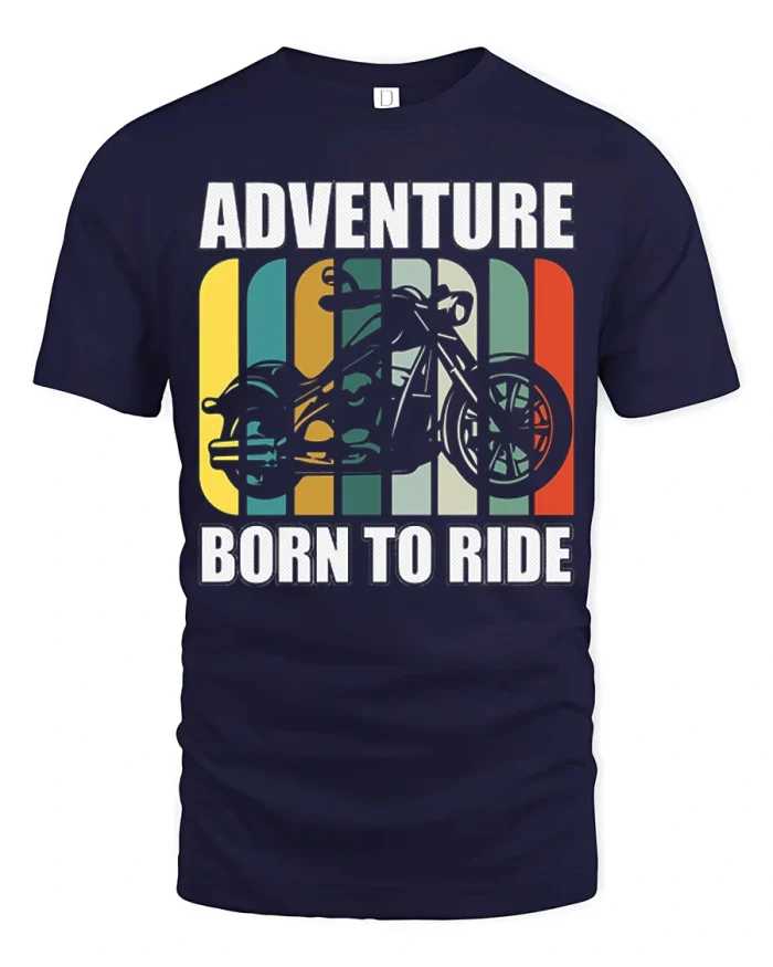 Adventure Born To Ride Motorcycle Tshirt Vintage Retro Style Tee - navy t-shirt on white background