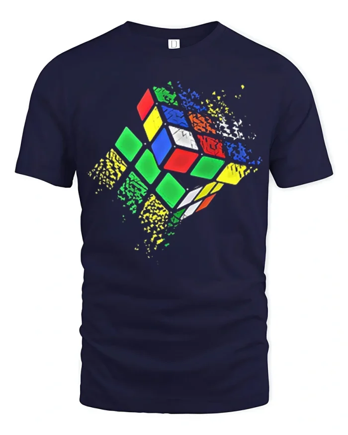 Retro Puzzle Cube Explosion Graphic T Shirt Color Splash Tee - navy t-shirt on white background