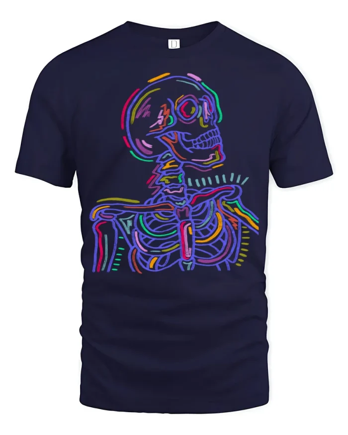 Neon Skeleton Glow Graphic T Shirt Retro Halloween Vibe Tee - navy t-shirt on white background