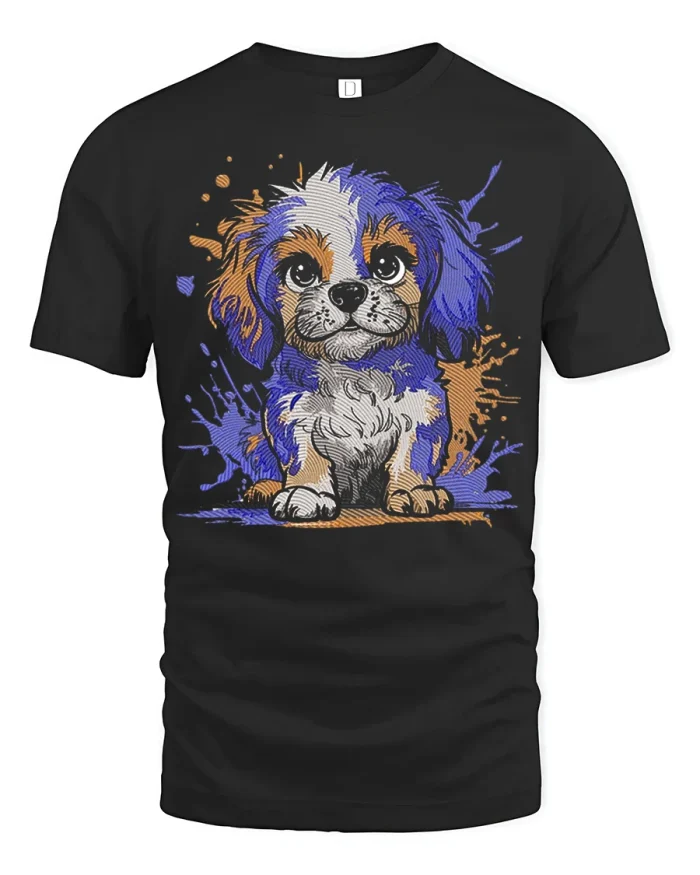 Cute Color Splash Puppy Graphic Tee Fun Artistic Dog Tshirt - black t-shirt on white background