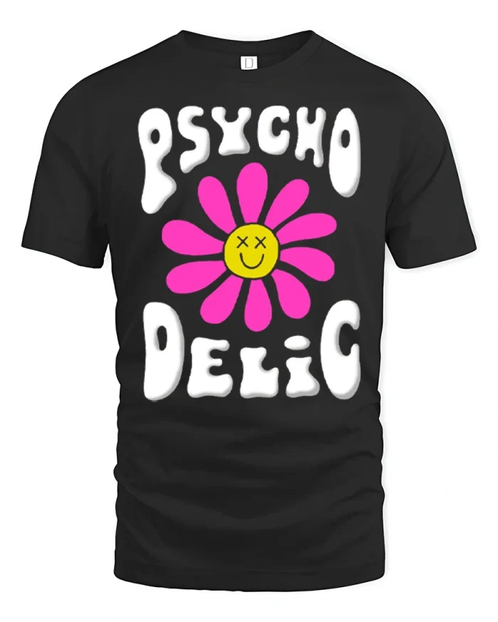 Psycho Delic Flower Graphic T Shirt Trippy Smile Aesthetic Tee - black t-shirt on white background