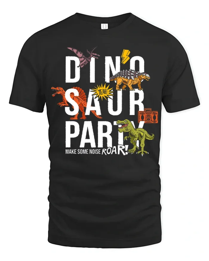 Dino Saur Party Graphic T Shirt Funny Roar Dinosaur Tee - black t-shirt on white background