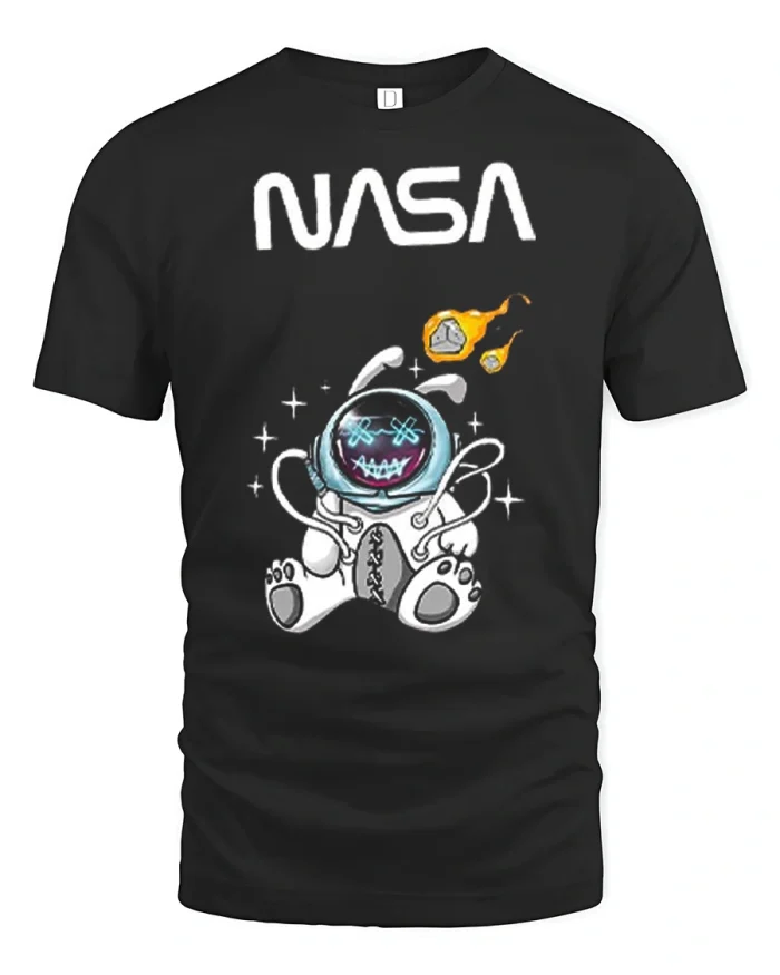 Cute Astronaut Space Graphic T Shirt Cosmic Cartoon Fun Tee - black t-shirt on white background
