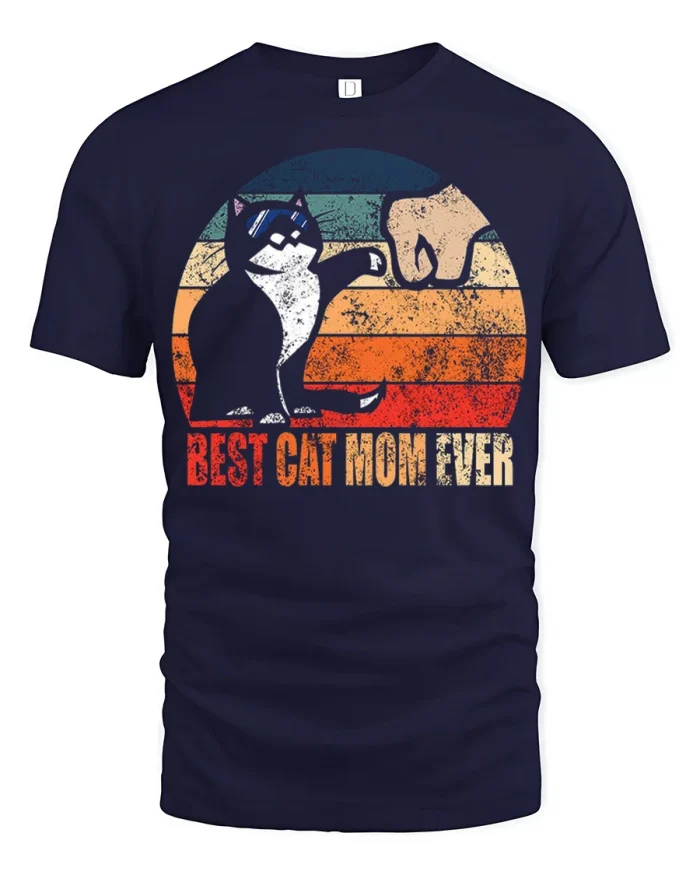 Best Cat Mom Ever Vintage Sunset Graphic T Shirt Cute Tee - navy t-shirt on white background