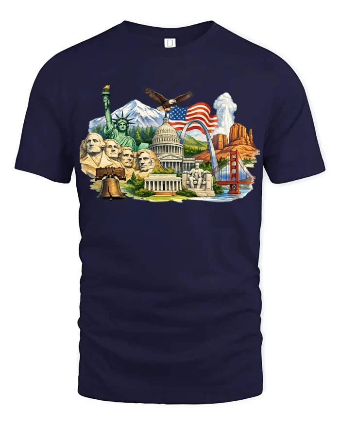 American Landmarks Collage Graphic T Shirt Patriotic USA Tee - navy t-shirt on white background