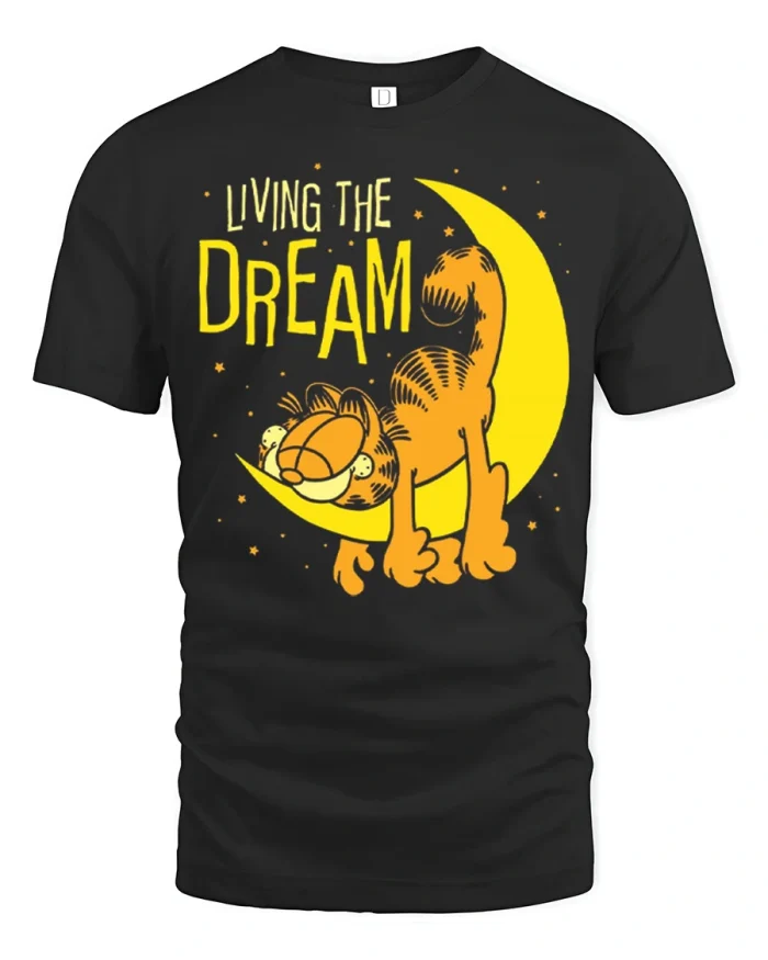 Living The Dream Funny Lazy Cat Moon Graphic T Shirt Tee - black t-shirt on white background