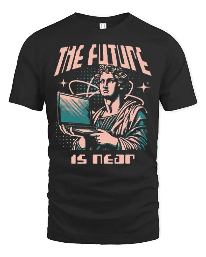 Retro The Future Is Near Tech Art Statue Graphic T Shirt - black t-shirt on white background