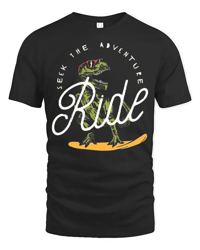 Funny T Rex Seek The Adventure Ride Graphic T Shirt - black t-shirt on white background