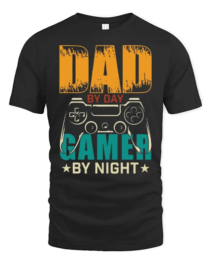 Funny Dad By Day Gamer By Night Controller Graphic T Shirt - black t-shirt on white background