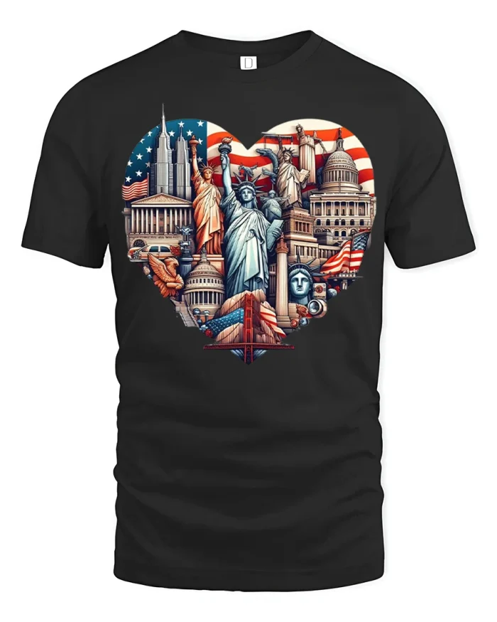 Patriotic USA Landmarks Heart Statue Liberty Graphic T Shirt - black t-shirt on white background