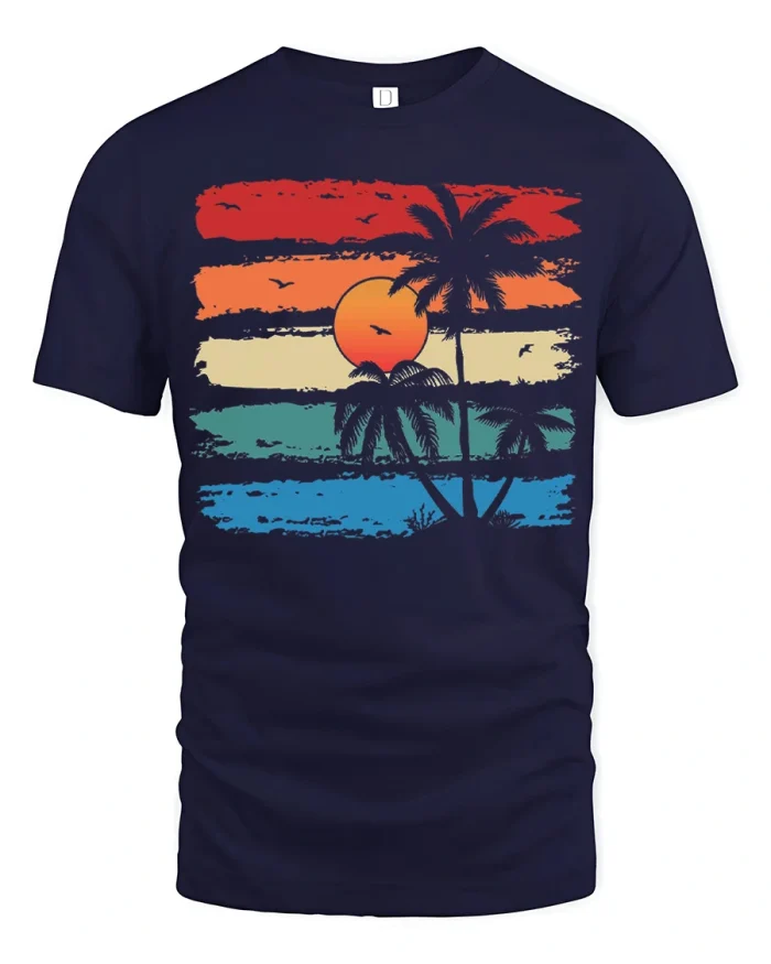 Vintage Sunset Palm Trees Retro Beach Vibes Graphic T Shirt - navy t-shirt on white background