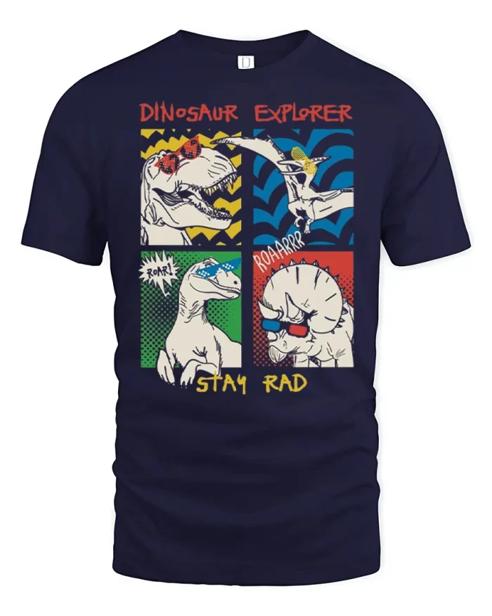 Funny Dinosaur Explorer Stay Rad Retro Cartoon Graphic T Shirt - navy t-shirt on white background