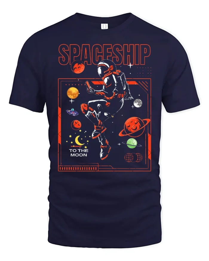 Cool Spaceship Astronaut To The Moon Retro Graphic T Shirt - navy t-shirt on white background