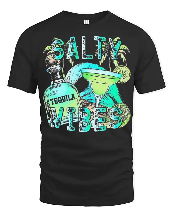 Salty Tequila Vibes Funny Margarita Party Graphic T Shirt - black t-shirt on white background