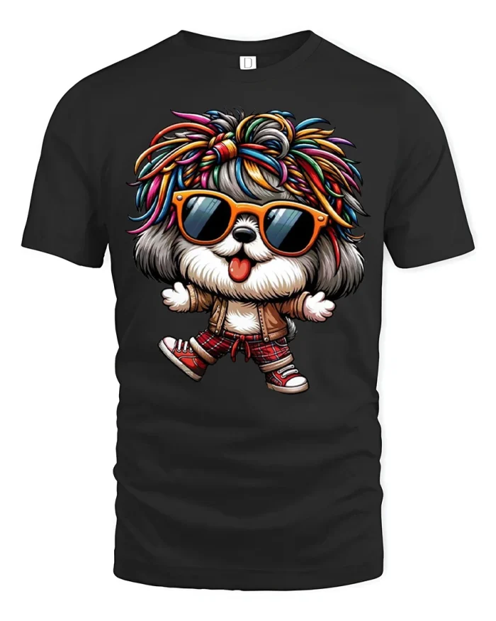 Cool Colorful Hair Dog With Sunglasses Funny Graphic T Shirt - black t-shirt on white background
