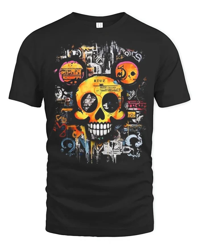 Urban Graffiti Skull T Shirt Colorful Street Art Graphic - black t-shirt on white background