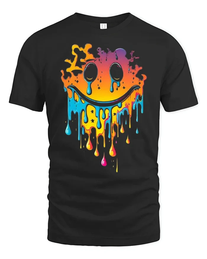 Melting Smiley Face Drip Art Graphic Tee Vibrant Mood Style - black t-shirt on white background