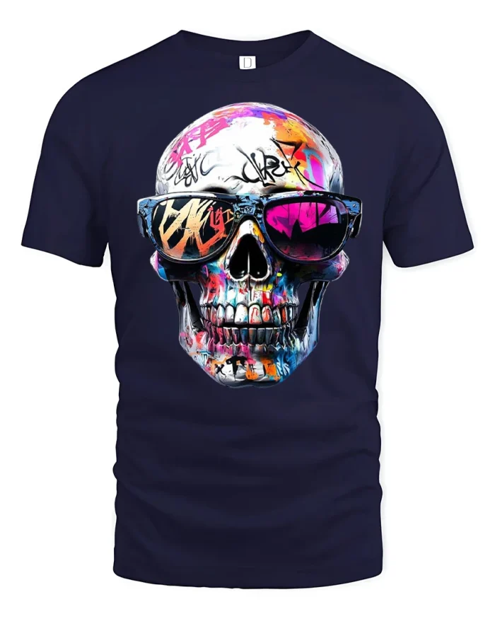 Graffiti Skull With Sunglasses Graphic T Shirt Urban Style - navy t-shirt on white background