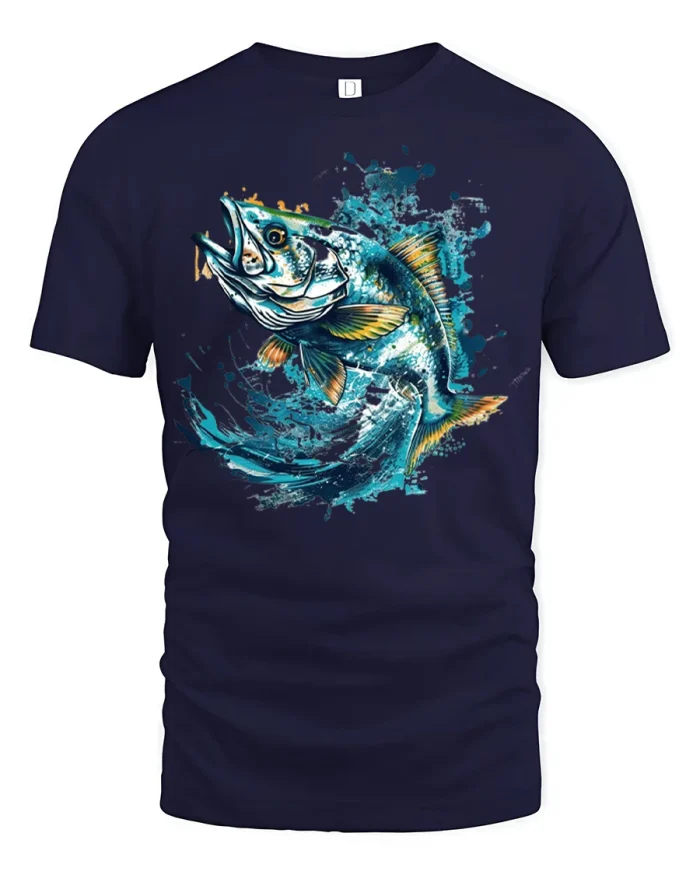 Bass Fishing Splash Art Graphic T Shirt Outdoor Angler Style - navy t-shirt on white background