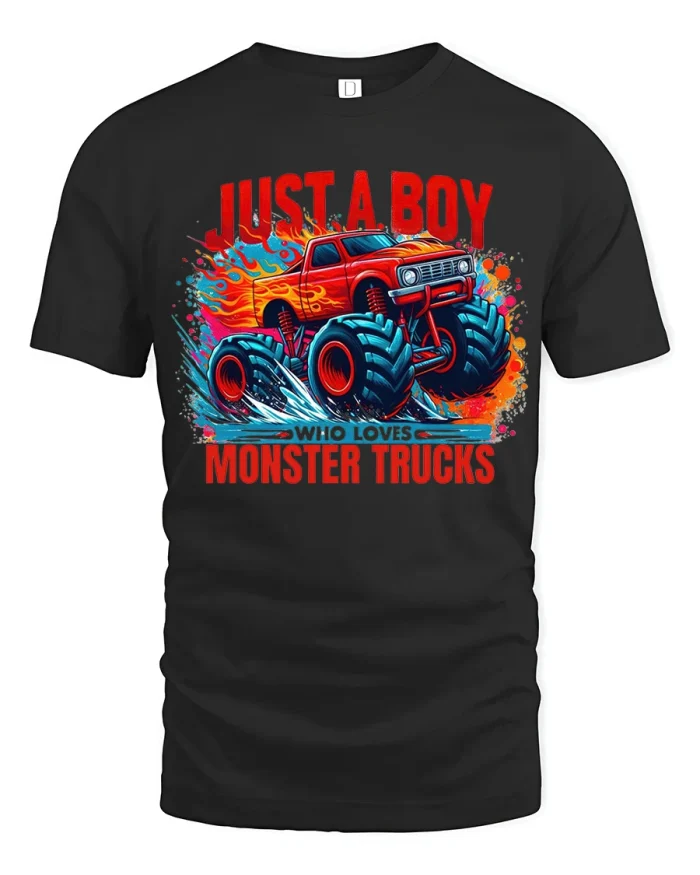 Funny Just A Boy Who Loves Monster Trucks Graphic T Shirt - black t-shirt on white background