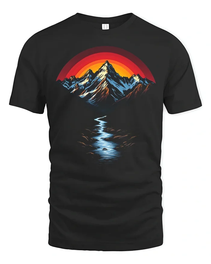 Vintage Mountain Sunset River Landscape Nature Graphic T Shirt - black t-shirt on white background