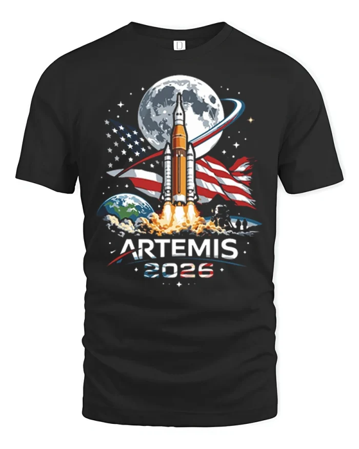 Artemis 2026 Rocket Launch Moon Mission Graphic T Shirt - black t-shirt on white background