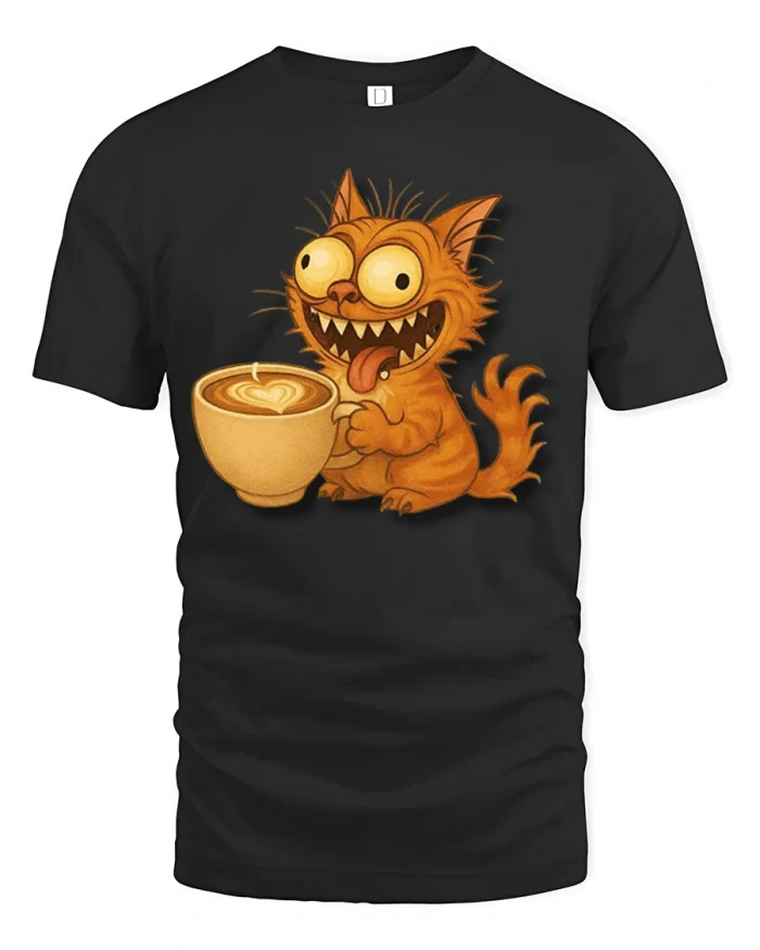 Funny Crazy Cat Coffee Lover Cartoon Graphic T Shirt - black t-shirt on white background