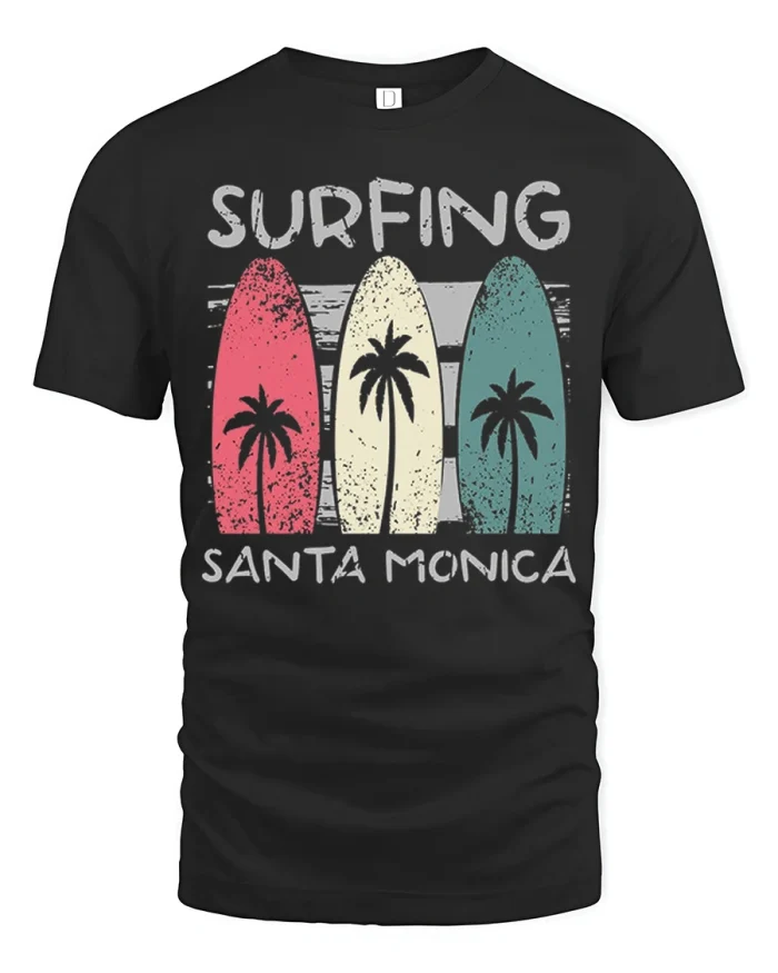 Vintage Surfing Santa Monica Beach Vibes Graphic T Shirt - black t-shirt on white background