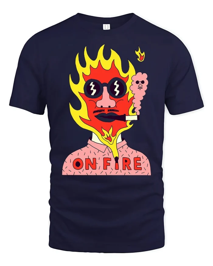 On Fire Funny Burning Head Cartoon Graphic T Shirt Cool Tee - navy t-shirt on white background