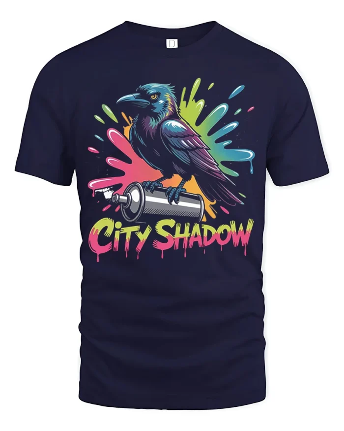 City Shadow Raven Graffiti Style Graphic T Shirt Cool Tee - navy t-shirt on white background