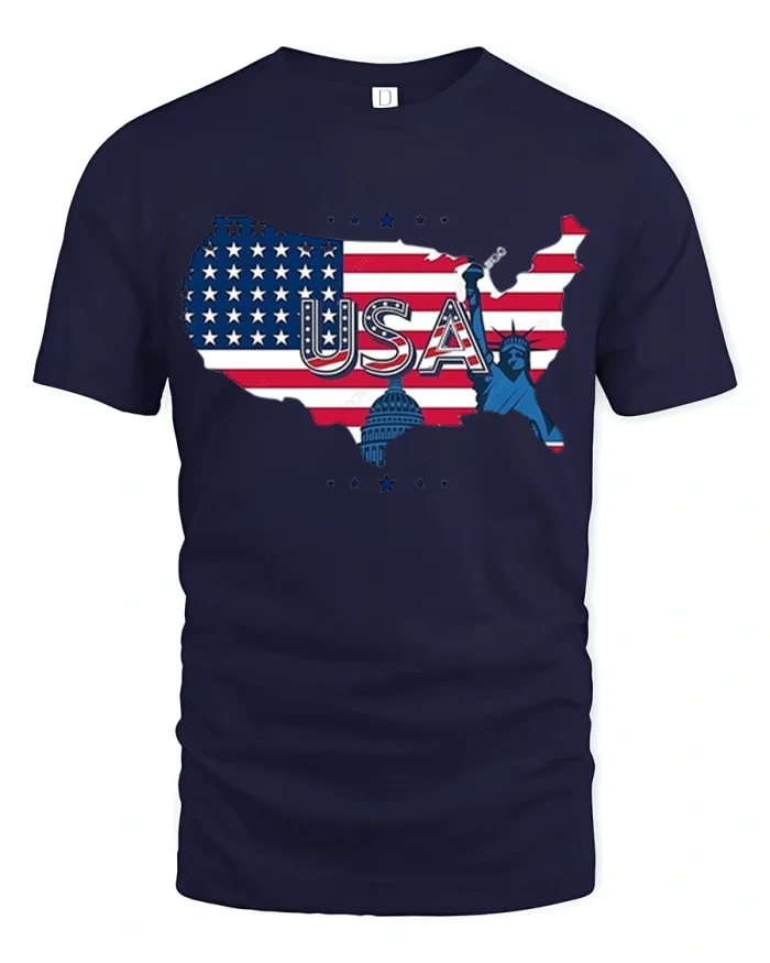 USA Flag Map Patriotic Graphic T Shirt American Pride Tee - navy t-shirt on white background