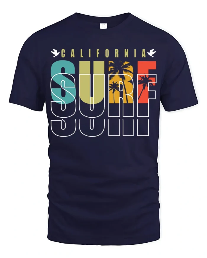 California Surf Beach Vibes Retro Palm Graphic T Shirt - navy t-shirt on white background
