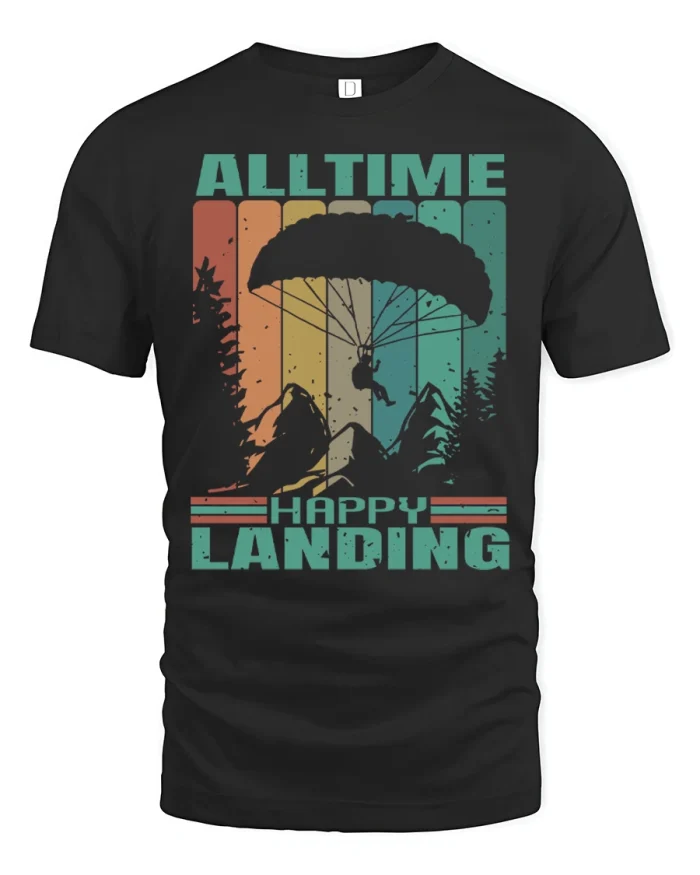 Retro Alltime Happy Landing Paragliding Graphic Tshirt - black t-shirt on white background
