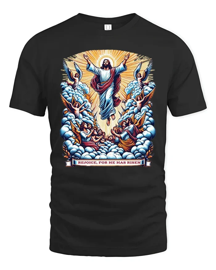 Rejoice For He Has Risen Jesus Angels Graphic Cotton Tshirt - black t-shirt on white background