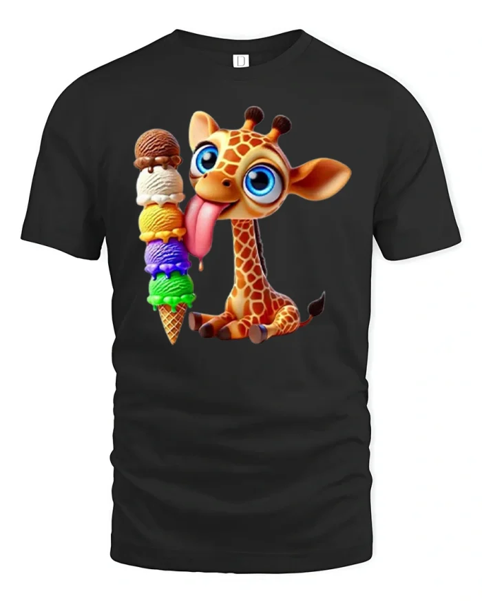 Cute Giraffe Licking Ice Cream Cone Premium Cotton Tshirt - black t-shirt on white background