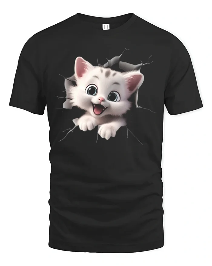 Funny Peeking Cat Torn Ripped Illusion Graphic Cotton Tee - black t-shirt on white background