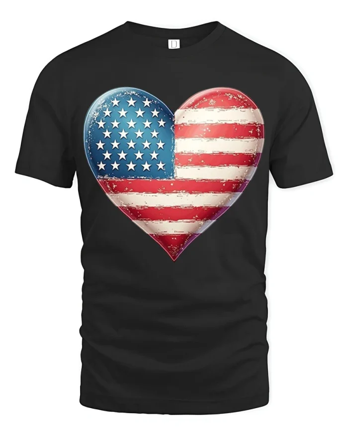 Patriotic Distressed American Flag Heart Graphic Cotton Tee - black t-shirt on white background