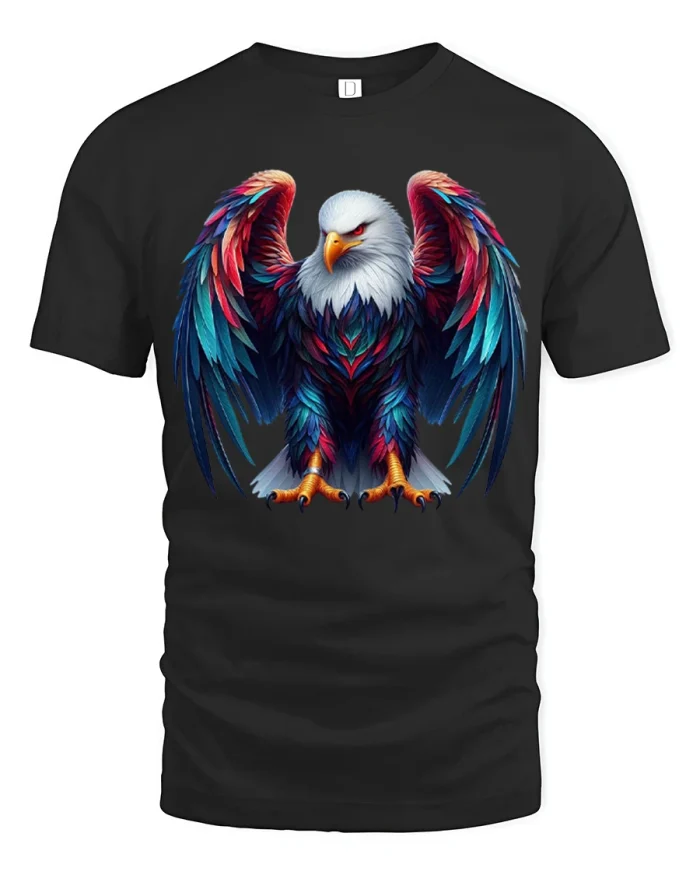 Fierce Colorful Bald Eagle Geometric Wing Premium Cotton Tee - black t-shirt on white background