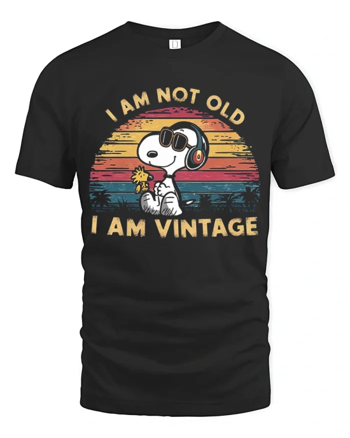 Funny Snoopy I Am Not Old I Am Vintage Graphic Cotton Tee - black t-shirt on white background