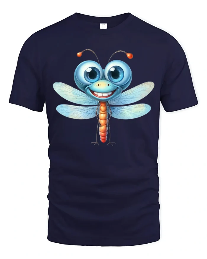 Cute Dragonfly Big Blue Eyes Cartoon Graphic Cotton Tshirt - navy t-shirt on white background