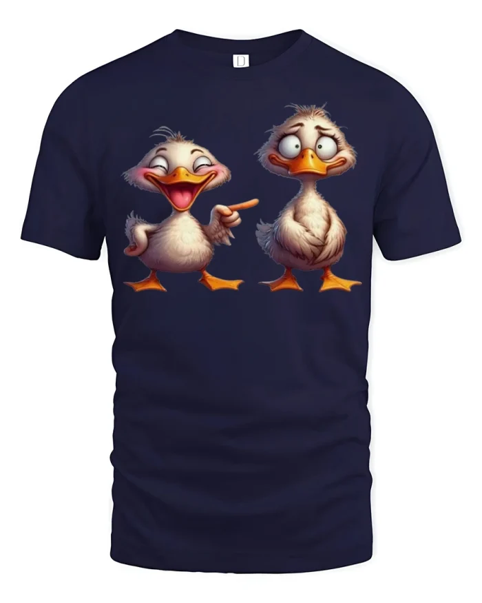 Funny Laughing Duck Pointing Finger Humor Graphic Tshirt - navy t-shirt on white background