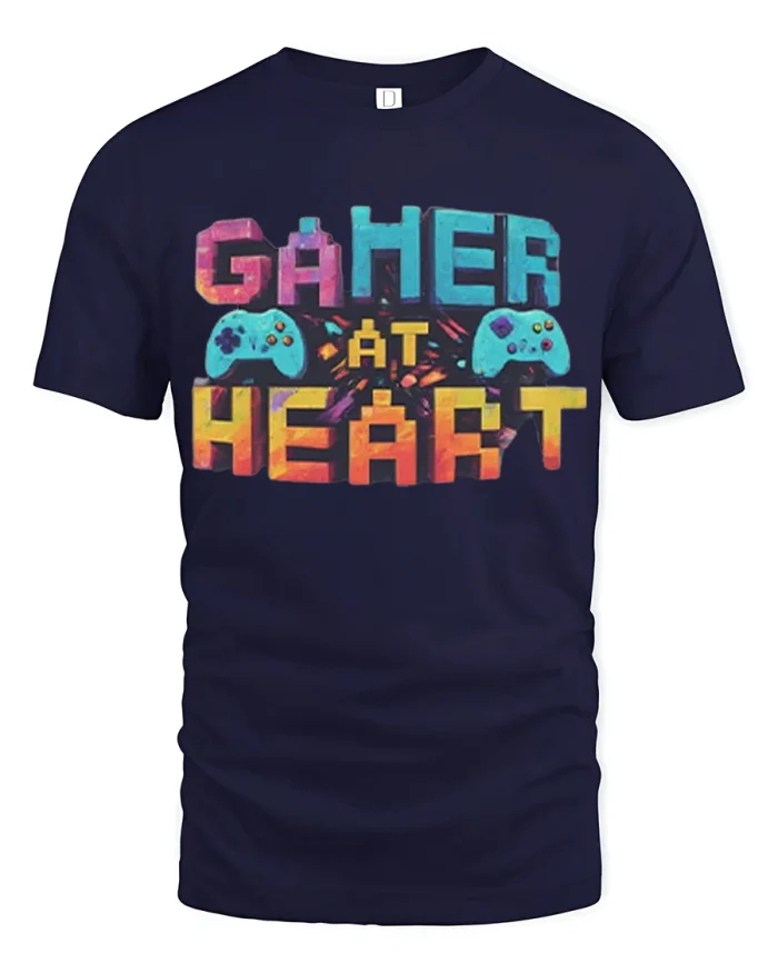 Gamer At Heart Retro Video Game Controller Graphic Cotton Tee - navy t-shirt on white background