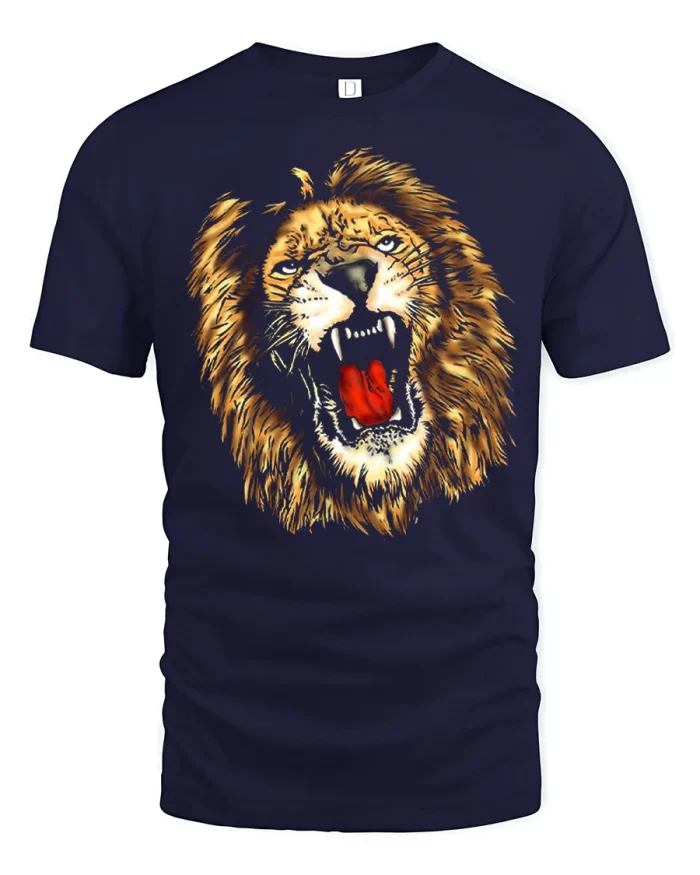 Fierce Roaring Lion Wild Animal King Graphic Cotton Tshirt - navy t-shirt on white background