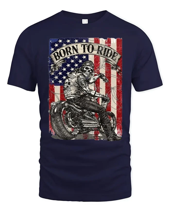 Born To Ride Skull Motorcycle American Flag Cotton Tshirt - navy t-shirt on white background
