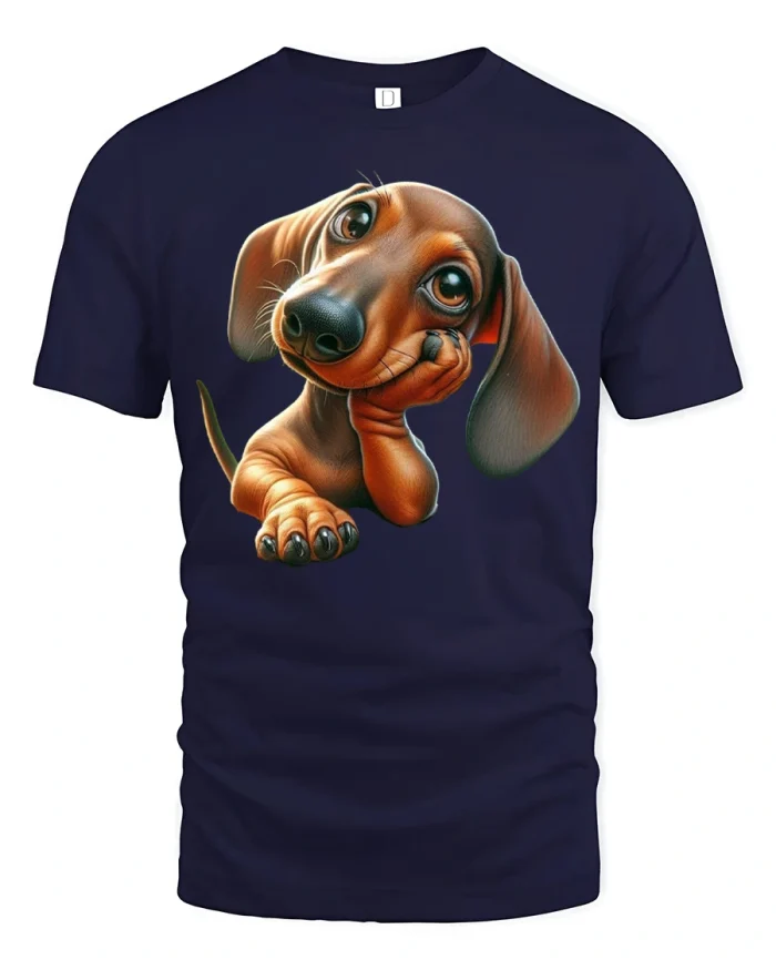 Cute Dachshund Dog Big Innocent Eyes Graphic Cotton Tshirt - navy t-shirt on white background